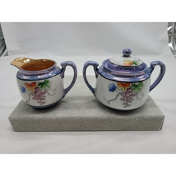 Lusterware Cream and Sugar Set  Flowers Leaf Japan Hand Painted 4" Blue - Picture 1 of 16